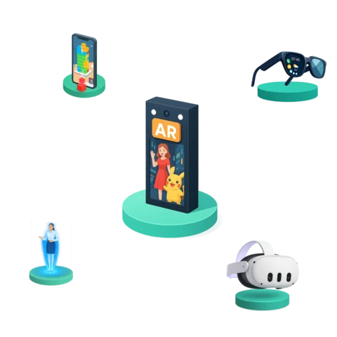 Ícones 3D representando dispositivos e aplicações de Realidade Aumentada para Eventos, como celular, óculos, holograms e displays digitais