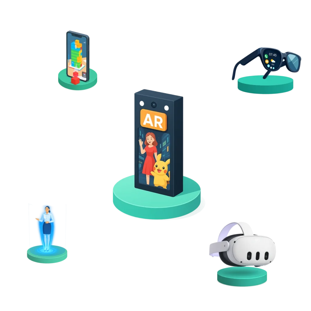 Ícones 3D representando dispositivos e aplicações de Realidade Aumentada para Eventos, como celular, óculos, holograms e displays digitais