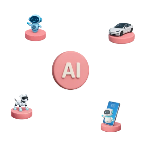 Ícones 3D representando a Inteligência Artificial aplicável em diferentes setores: robôs, carros autônomos, assistente virtual e chip de IA sobre base rosa.