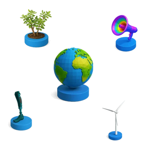 Ícones em 3D representando temas ESG: planta, megafone, prótese, turbina eólica e globo terrestre sobre bases azuis, com estilo moderno e educativo.