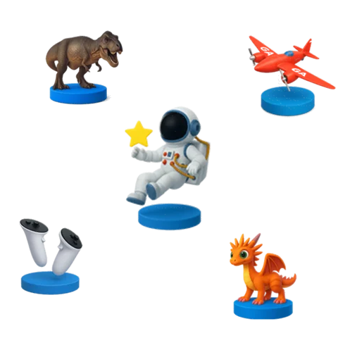 Ícones 3D variados sobre bases azuis, incluindo dinossauro, astronauta, dragão, avião, controles de VR.