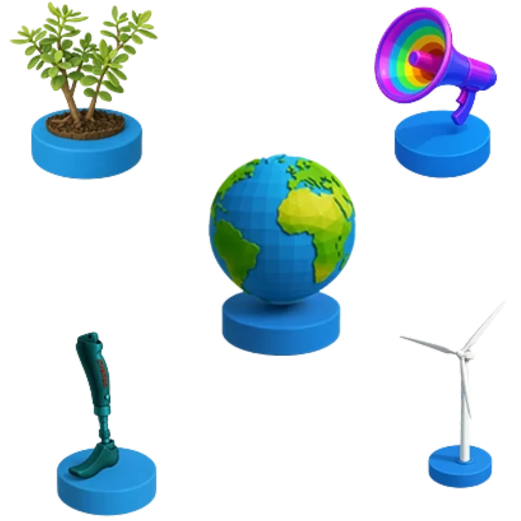 Ícones 3D de árvore, globo terrestre, megafone colorido, prótese e turbina eólica, representando jogos ESG para empresas desenvolvidos pela Casa Mais.