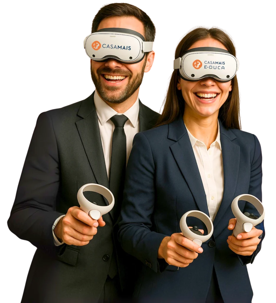 Profissionais corporativos jogando com óculos de Realidade Virtual da Casa Mais em evento imersivo