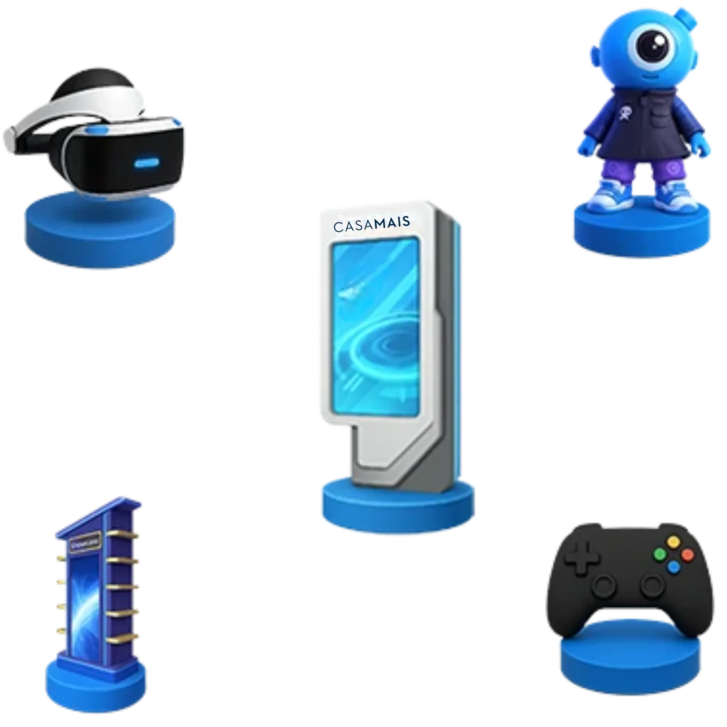 Elementos 3D de gamificação e realidade virtual para jogos interativos em empresas.