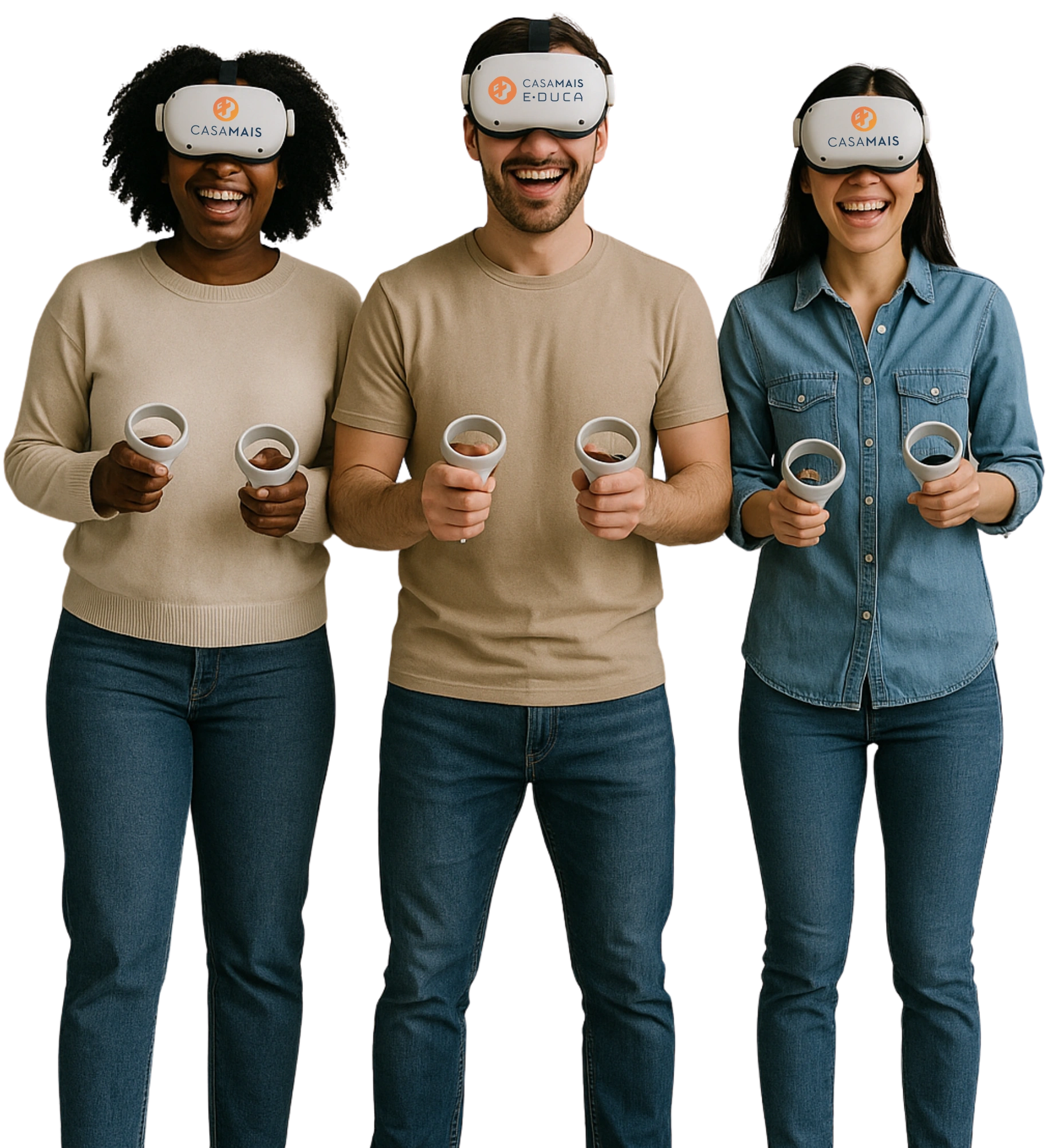 Grupo de jovens sorrindo com óculos de realidade virtual e controles, simbolizando jogos interativos em ambientes corporativos.