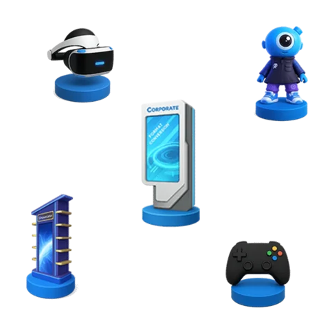 Ícones 3D em pedestais azuis representando elementos de tecnologia e jogos: um headset VR, totem digital, personagem alienígena, expositor, controle de videogame.