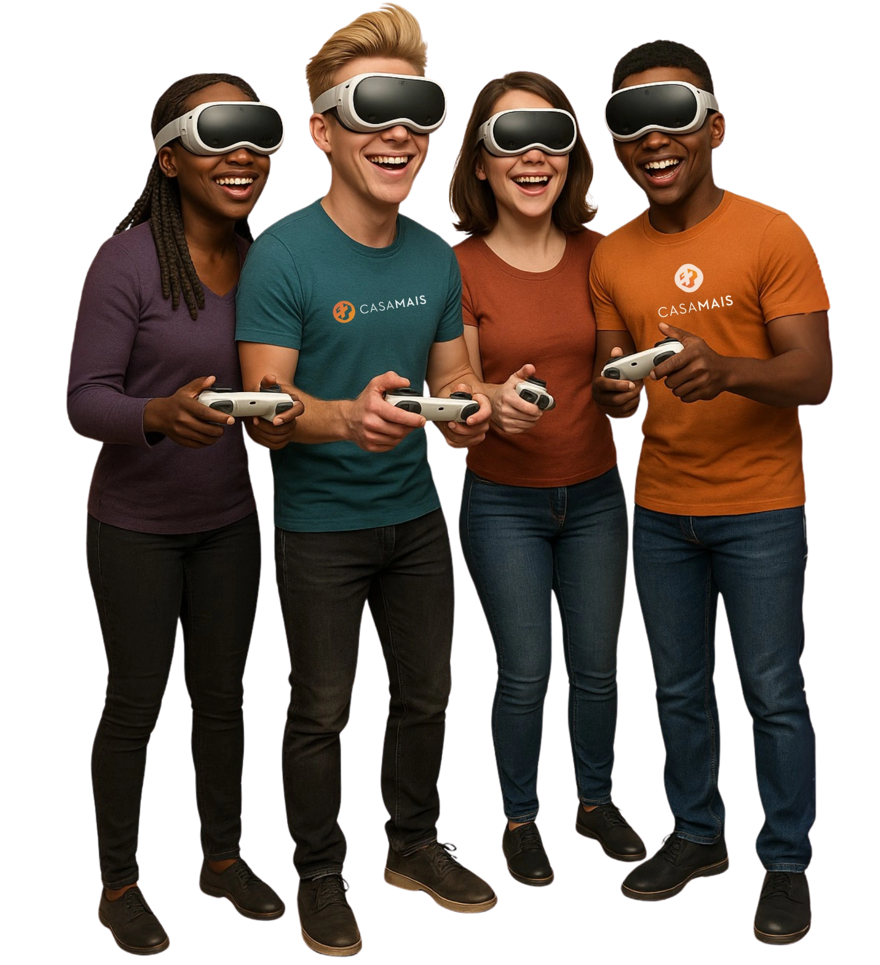 Grupo de jovens com óculos de Realidade Virtual jogando juntos em ambiente imersivo da Casa Mais