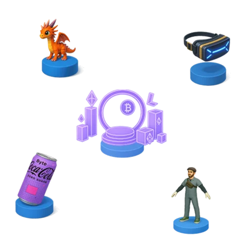 Coleção de ícones 3D representando elementos do metaverso: headset VR futurista, avatar masculino, dragão animado, lata da Coca-Cola Byte e símbolo de criptomoedas.