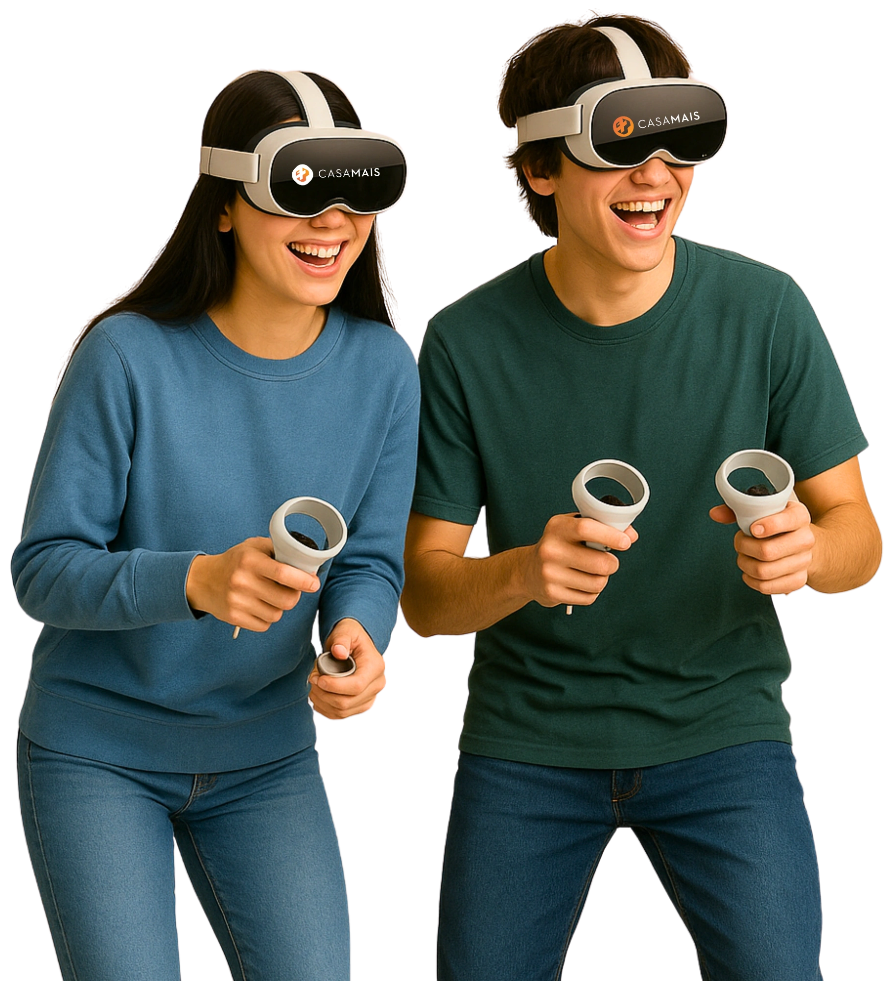 Pessoas sorrindo com óculos de Realidade Virtual personalizados da Casa Mais em evento corporativo