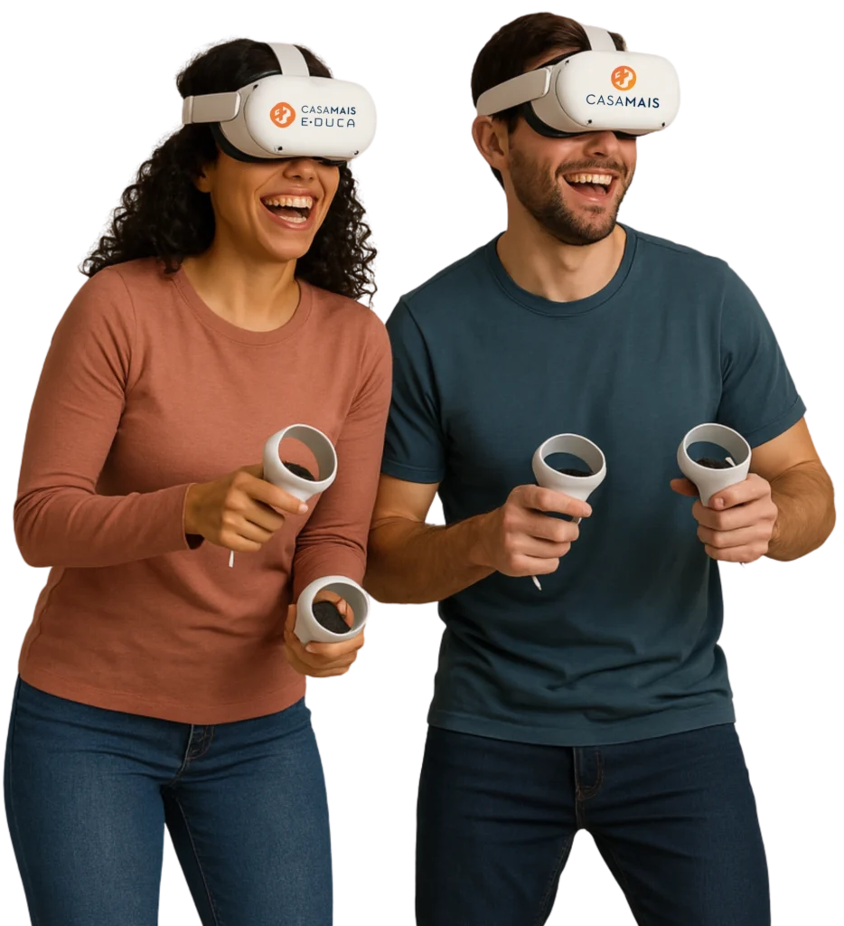 Pessoas se divertindo com jogos em Realidade Virtual usando óculos com a marca Casa Mais