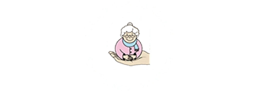 Logotipo do Abrigo dos Velhinhos Frederico Ozanam com ilustração de uma senhora sorridente em uma mão acolhedora, dentro de uma casa