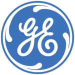 Logotipo da GE (General Electric) em azul com fundo branco e forma circular
