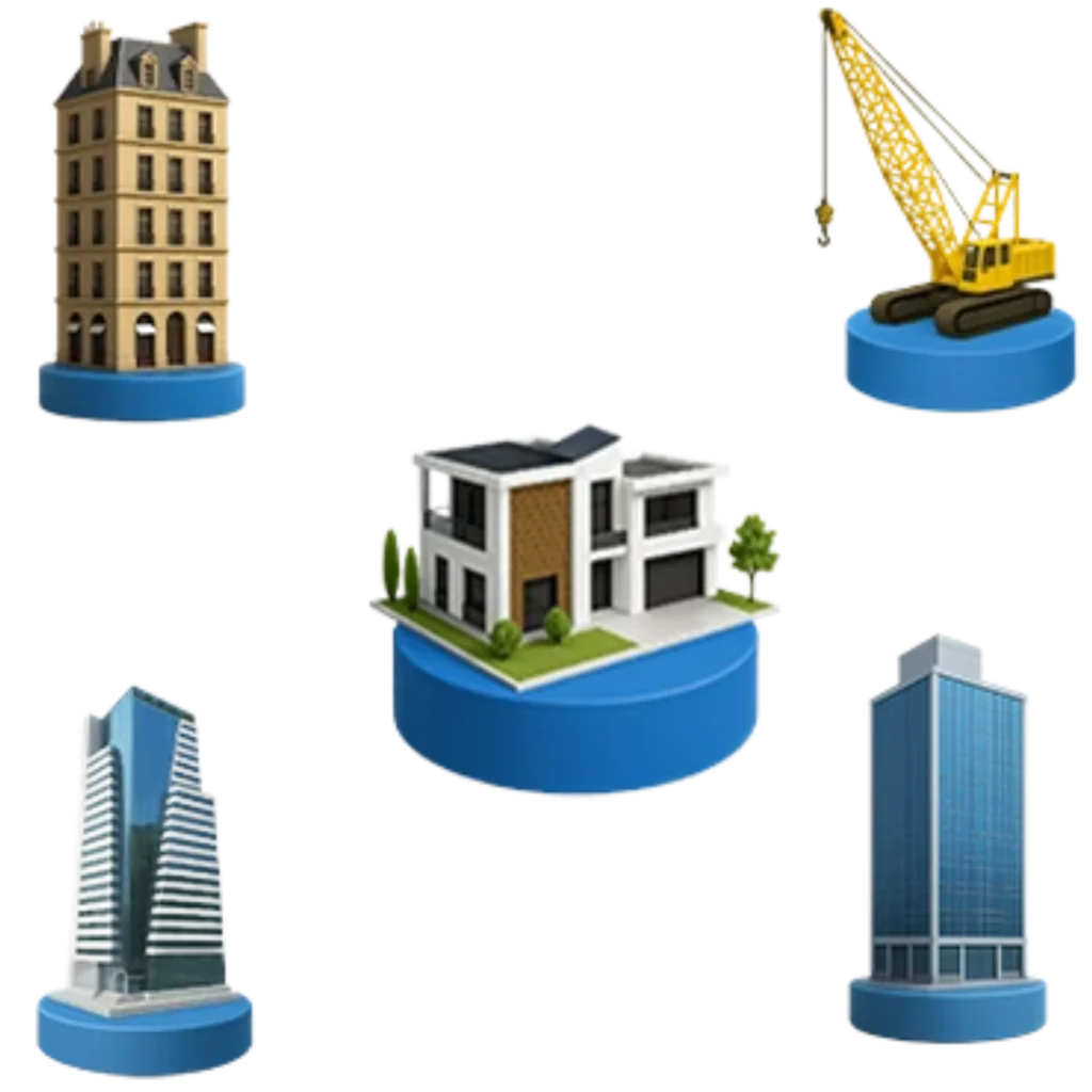 Ícones 3D de prédios, grua e casa em miniatura representando tecnologias imersivas no marketing imobiliário.