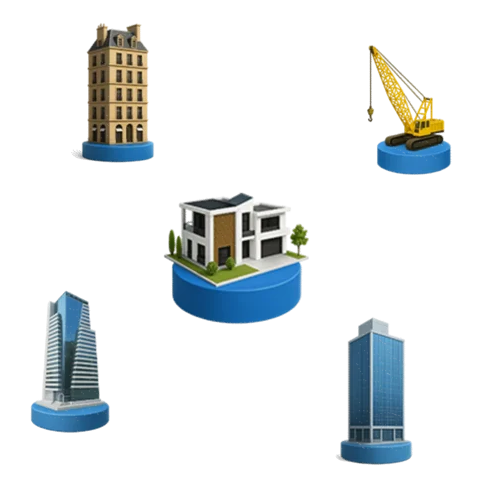 Conjunto de ícones 3D representando imóveis residenciais, prédios comerciais e guindaste de construção