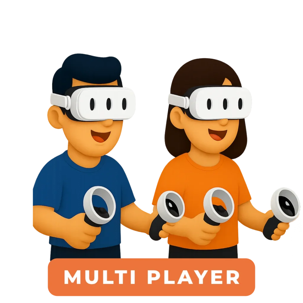 Ilustração de duas pessoas com headsets e controles VR, jogando juntas, com o rótulo "MULTI PLAYER".