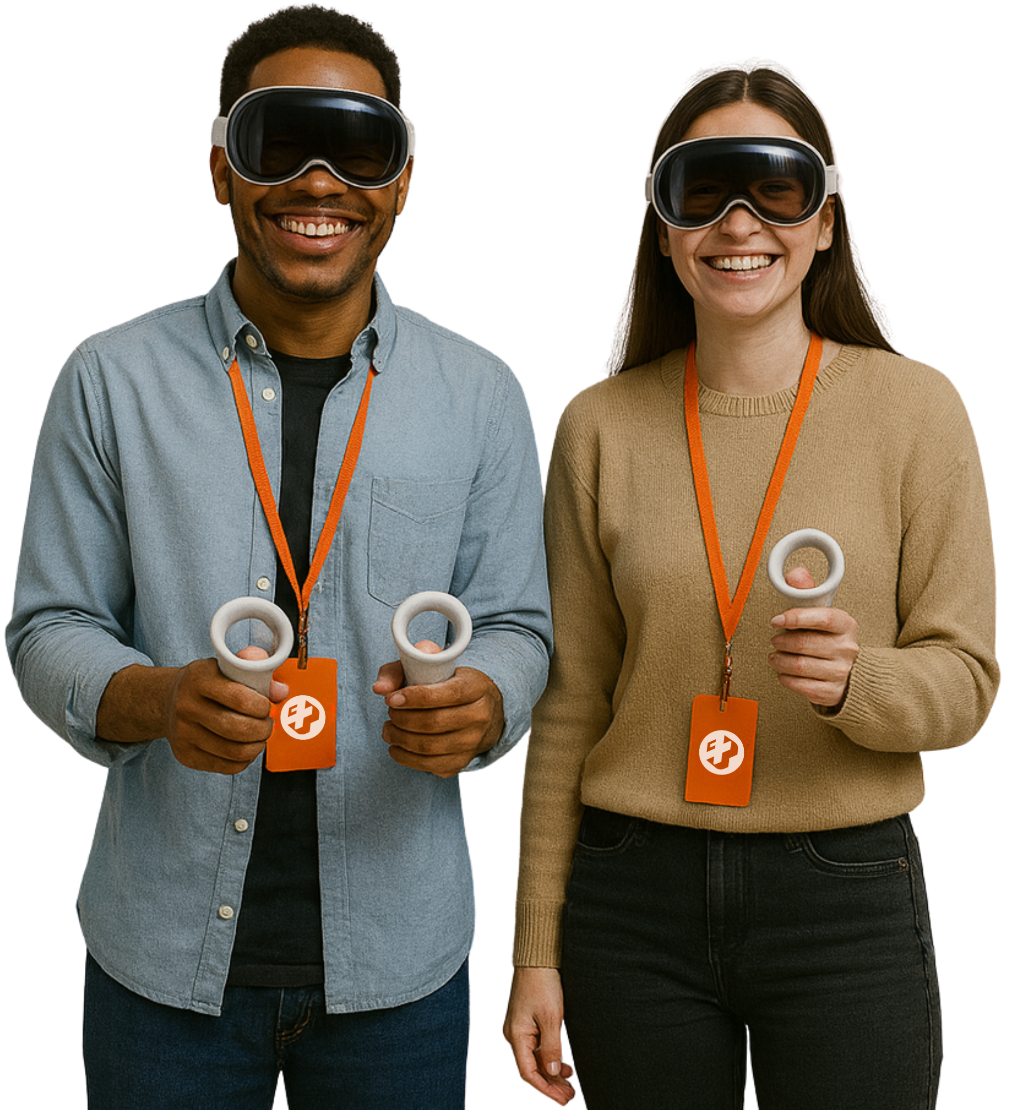 Dois colaboradores sorridentes utilizando óculos de Realidade Virtual com crachá da Casa Mais, participando de um onboarding corporativo imersivo.