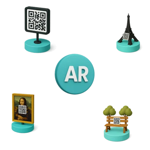 Ícones ilustrando uso de QR Codes para ativar experiências em realidade aumentada (AR)