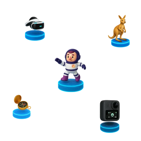 Ilustração com astronauta e ícones de realidade virtual, aventura e tecnologia representando pioneirismo da Casa Mais.