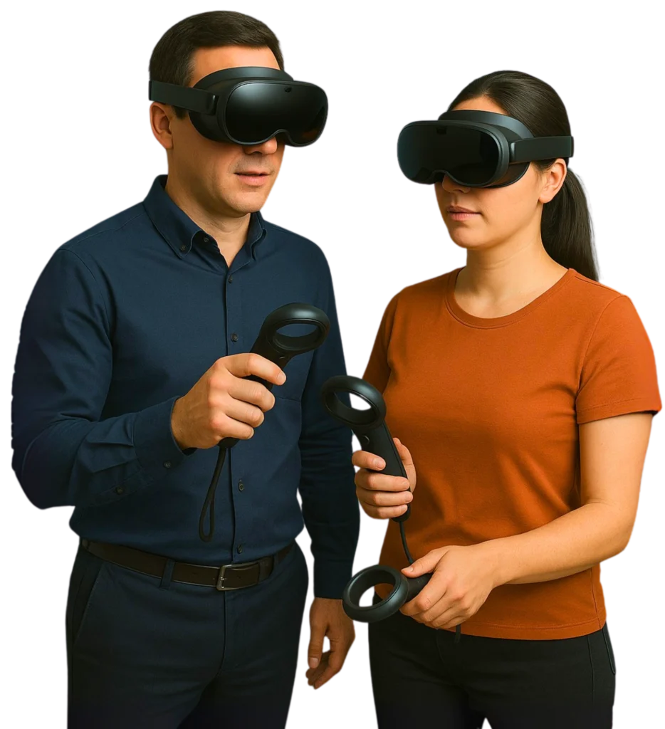 Homem e mulher usando óculos de realidade virtual e controles em treinamento corporativo desenvolvido pela Casa Mais.