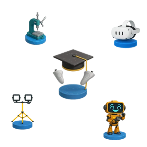 Ícones 3D de realidade virtual, robô, iluminação, microscópio e chapéu de graduação sobre fundo transparente