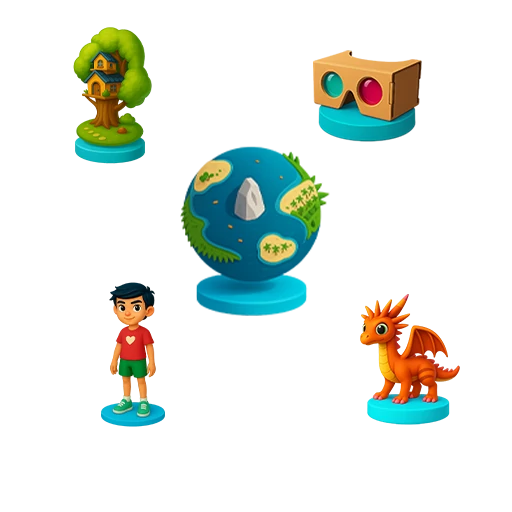 Ícones 3D coloridos com temática infantil: menino, dragão, casa na árvore, globo terrestre e óculos VR, representando um universo lúdico virtual