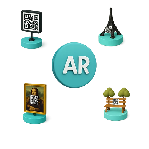 Ícones ilustrando uso de QR Codes para ativar experiências em realidade aumentada (AR)