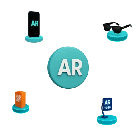 Ícones 3D representando experiências em Realidade Aumentada com óculos inteligentes, smartphones, totem digital e interações holográficas.
