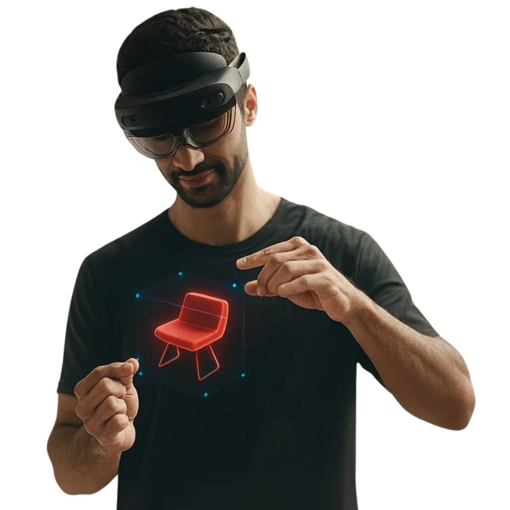 Homem utilizando óculos de realidade mista para projetar uma cadeira em 3D, representando inovação no marketing imobiliário.