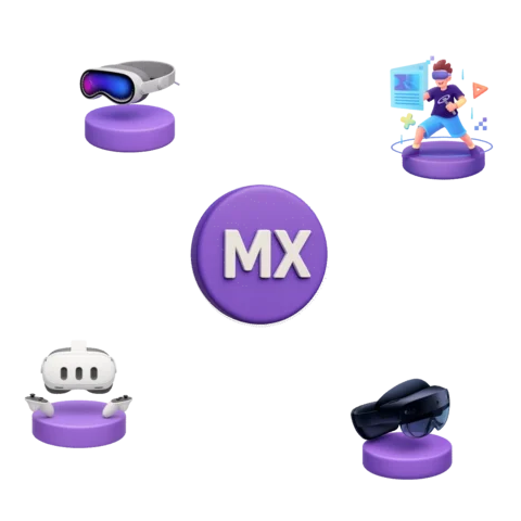 Ícones 3D representando a Realidade Mista: headset, avatar interativo, ambiente virtual, óculos e controle integrados.