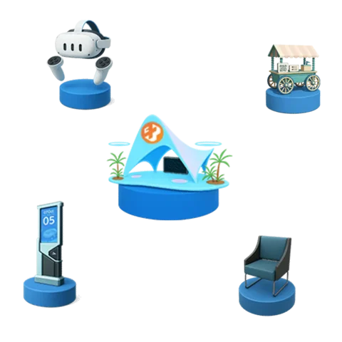 Elementos 3D sobre base azul com estande futurista da Casa Mais ao centro, cercado por óculos VR, cadeira, painel digital, carrinho e ambientação tropical