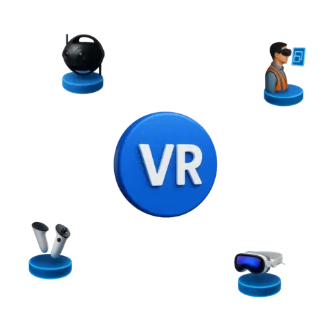 Ícones 3D representando experiências em Realidade Virtual com headset VR, controladores de movimento, câmera 360° e avatar digital.