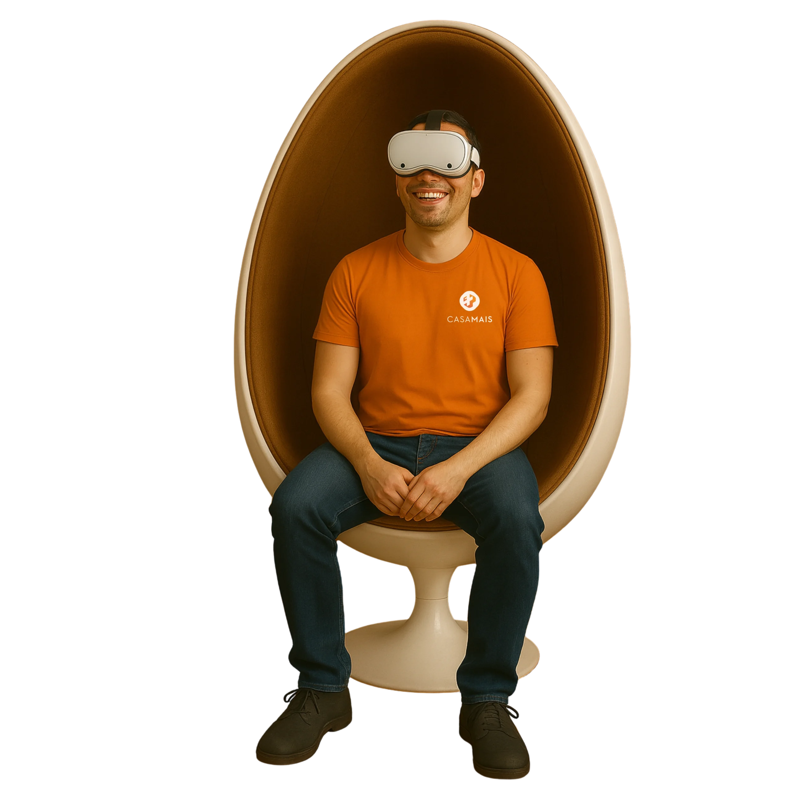 Homem sorridente sentado em cadeira egg, utilizando óculos de realidade virtual Meta Quest 3 e camiseta laranja com logo da Casa Mais, representando experiências imersivas em eventos corporativos.