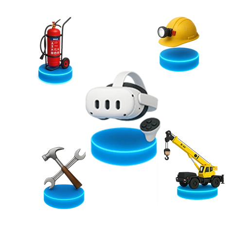 Simulação em Realidade Virtual com ícones de segurança, construção e equipamentos técnicos.