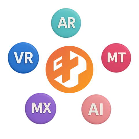 Ícones circulares com siglas VR, AR, MX, AI, MT ao redor do logo da Casa Mais