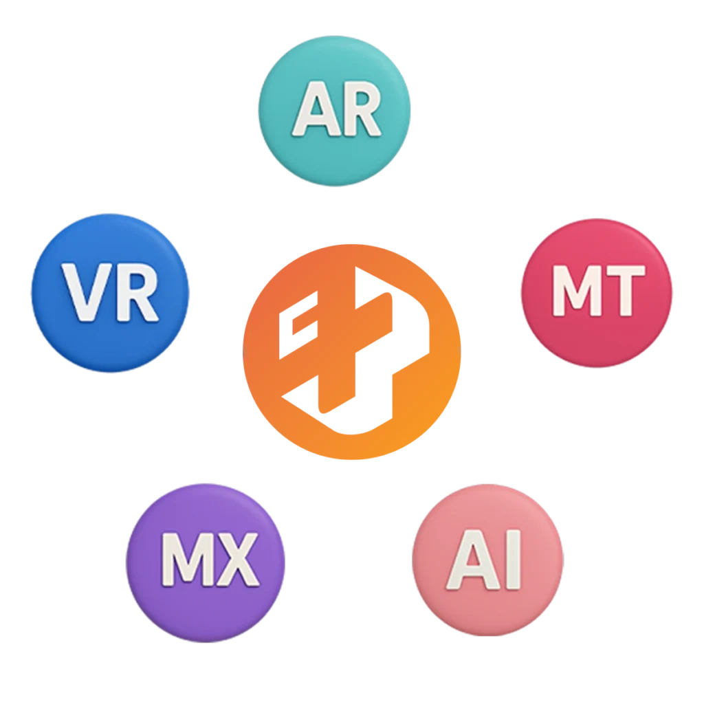 Ícones circulares com siglas VR, AR, MX, AI, MT ao redor do logo da Casa Mais