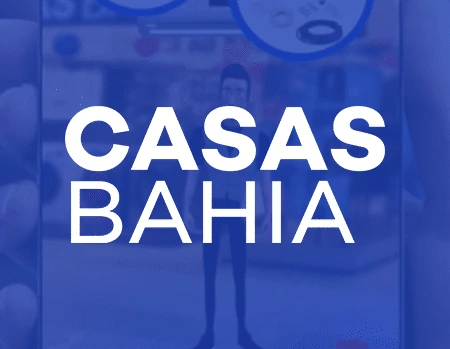 Miniatura de projeto em realidade aumentada (AR) das Casas Bahia, com logotipo branco em destaque sobre fundo azul.