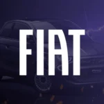 Miniatura de projeto em realidade aumentada (AR) para a Fiat, com logotipo centralizado em branco sobre fundo roxo e carro ao fundo.