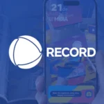 Miniatura de projeto em realidade aumentada para a Record, com logotipo em branco sobre fundo azul.