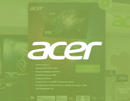 Miniatura do projeto de metaverso da Acer, com logotipo branco sobre fundo verde e elementos digitais ao fundo.
