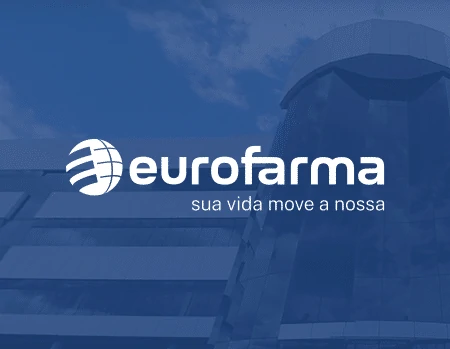 Miniatura do tour virtual em realidade virtual desenvolvido para a Eurofarma, com logotipo branco centralizado sobre fundo azul.
