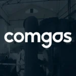 Miniatura do vídeo 360° da Comgás com logotipo centralizado em fundo industrial escuro