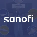 Miniatura do vídeo 360° da Sanofi, com logotipo branco centralizado em fundo azul institucional.