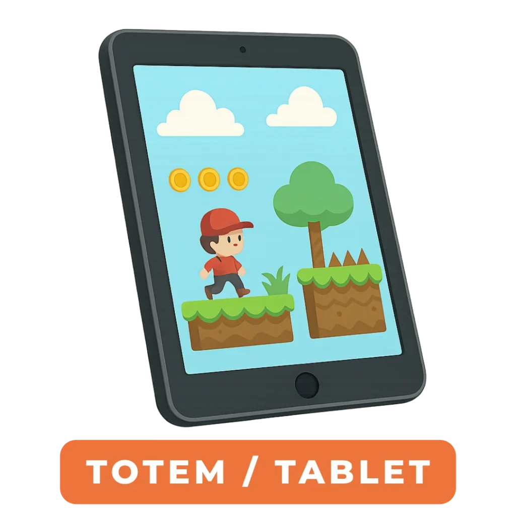 Ilustração de um tablet exibindo um jogo estilo plataforma com personagem, moedas, árvores e obstáculos.