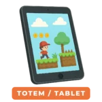Ilustração de um tablet exibindo um jogo estilo plataforma com personagem, moedas, árvores e obstáculos.