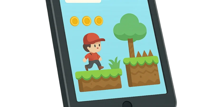 Ilustração de um tablet exibindo um jogo estilo plataforma com personagem, moedas, árvores e obstáculos.