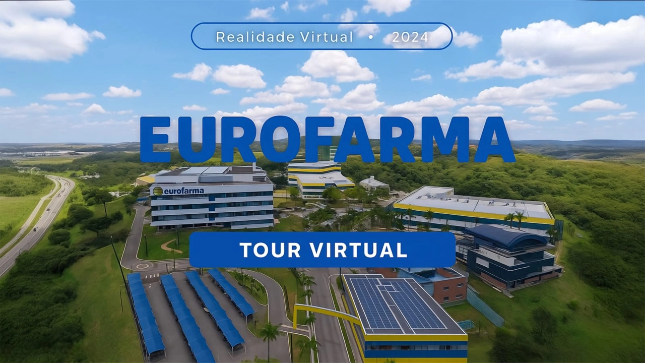 Tour virtual Eurofarma 2024, imagem aérea dos prédios da Eurofarma em meio à natureza.