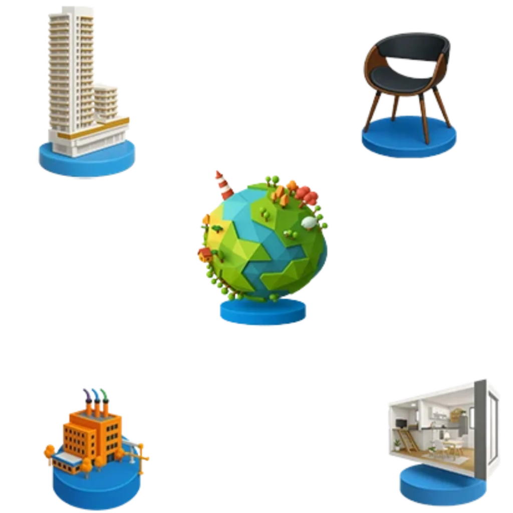 Ícones 3D de prédios, globo terrestre, cadeira, fábrica e planta baixa, representando o serviço de tour virtual da Casa Mais para empresas.