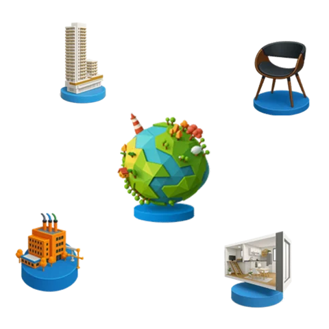 Ícones 3D de mundo, prédio, fábrica, cadeira e apartamento representando experiências imersivas da Casa Mais