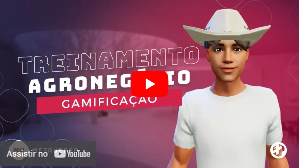 Avatar com chapéu exibido em thumbnail de vídeo sobre treinamento gamificado para o setor de agronegócio.