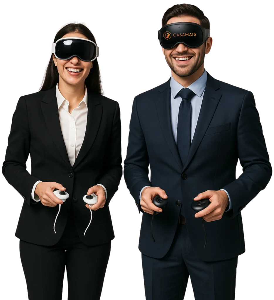 Executivos sorrindo com óculos de realidade virtual e controles nas mãos, simbolizando treinamentos corporativos no metaverso.
